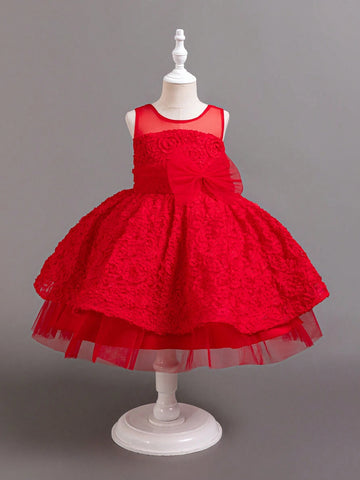 New Christmas Flower Girl Net Tulle Dress Red Stage Performance Dress Princess Gown For Young Girl
