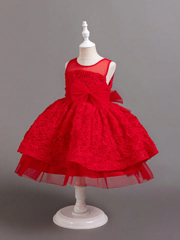 New Christmas Flower Girl Net Tulle Dress Red Stage Performance Dress Princess Gown For Young Girl