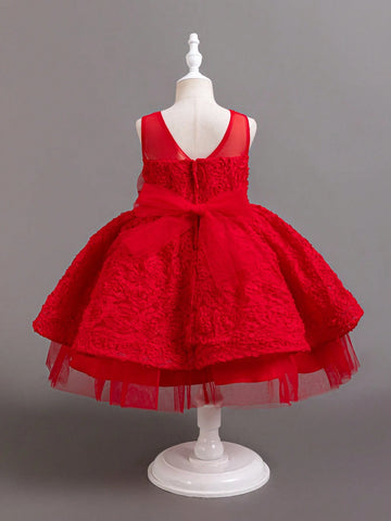 New Christmas Flower Girl Net Tulle Dress Red Stage Performance Dress Princess Gown For Young Girl