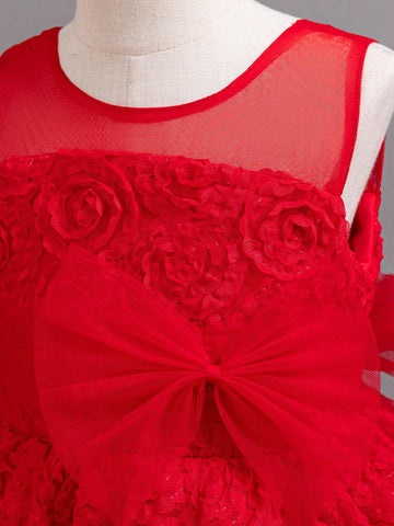 New Christmas Flower Girl Net Tulle Dress Red Stage Performance Dress Princess Gown For Young Girl