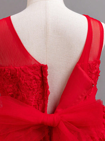 New Christmas Flower Girl Net Tulle Dress Red Stage Performance Dress Princess Gown For Young Girl