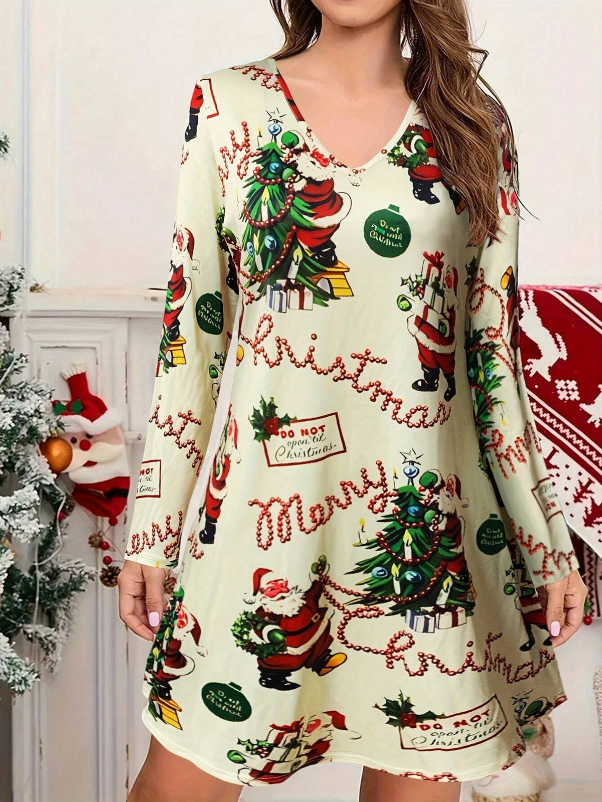 New Christmas Santa Claus Graphic V-Neck Long Sleeve Women Dress, Autumn/Winter
