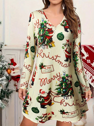 New Christmas Santa Claus Graphic V-Neck Long Sleeve Women Dress, Autumn/Winter
