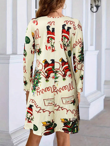 New Christmas Santa Claus Graphic V-Neck Long Sleeve Women Dress, Autumn/Winter