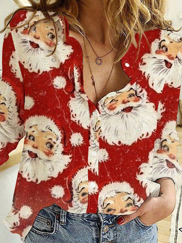 Red Print Christmas Ladies Casual Loose Soft Touch Long Sleeve Blouse