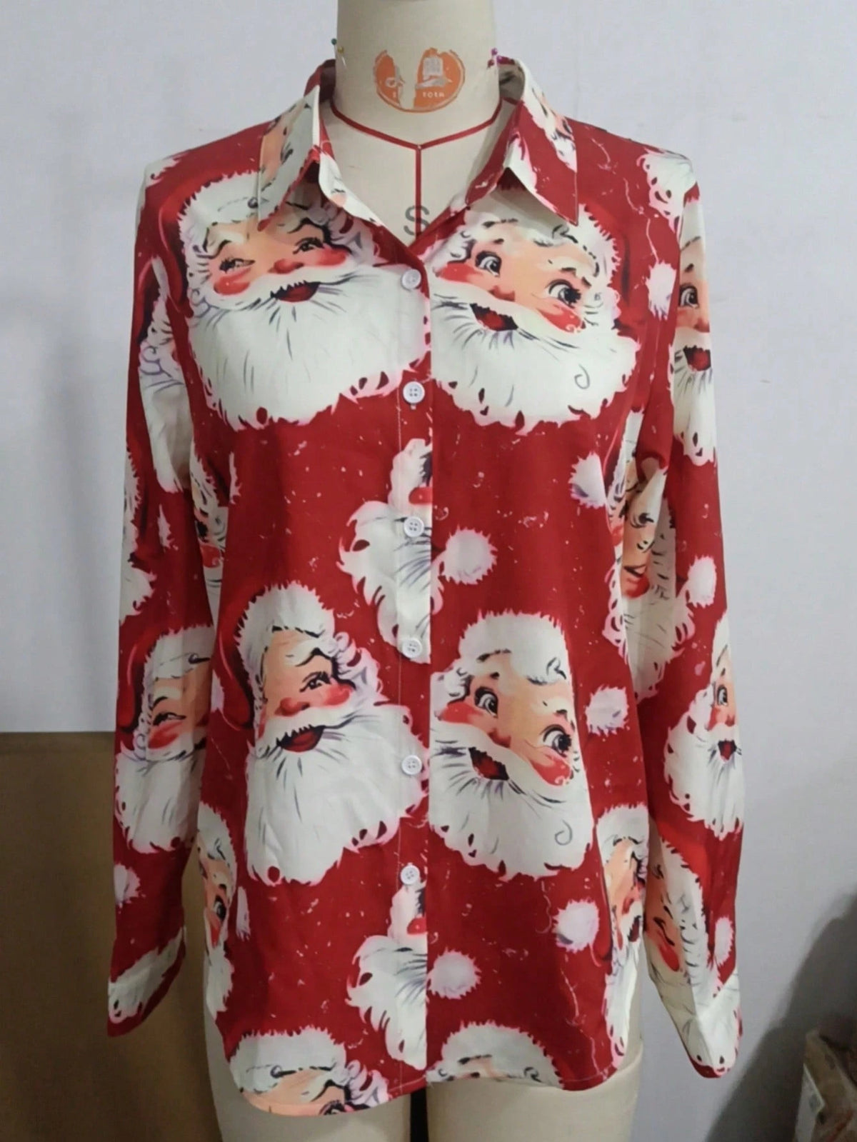 Red Print Christmas Ladies Casual Loose Soft Touch Long Sleeve Blouse