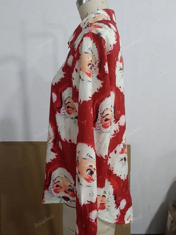 Red Print Christmas Ladies Casual Loose Soft Touch Long Sleeve Blouse