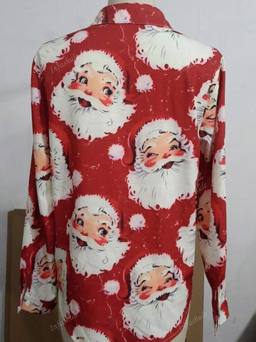 Red Print Christmas Ladies Casual Loose Soft Touch Long Sleeve Blouse