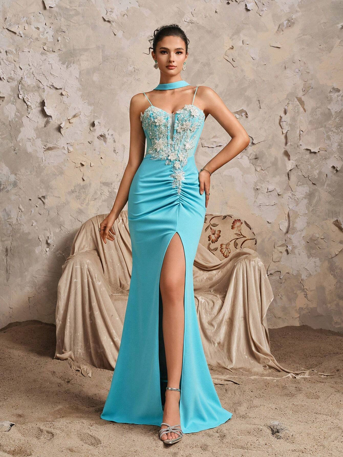 New Deep V-Neck Sexy Spaghetti Strap Lace Patchwork Mermaid Ruffle Split Maxi Bridesmaid Dress