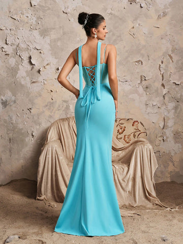 New Deep V-Neck Sexy Spaghetti Strap Lace Patchwork Mermaid Ruffle Split Maxi Bridesmaid Dress
