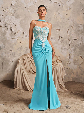 New Deep V-Neck Sexy Spaghetti Strap Lace Patchwork Mermaid Ruffle Split Maxi Bridesmaid Dress