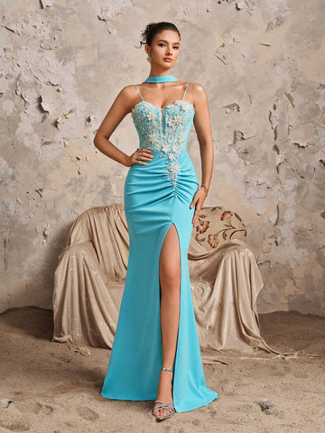 New Deep V-Neck Sexy Spaghetti Strap Lace Patchwork Mermaid Ruffle Split Maxi Bridesmaid Dress