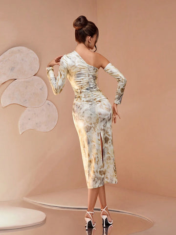 New Design Multi-Color Elegant One-Shoulder Sleeveless Featured Printing Cinched Waist Pleated Bodycon Slit Maxi Dress, Detachable Sleeves Sexy Charming Graceful For Daily, Party, Graduation, Mature Style