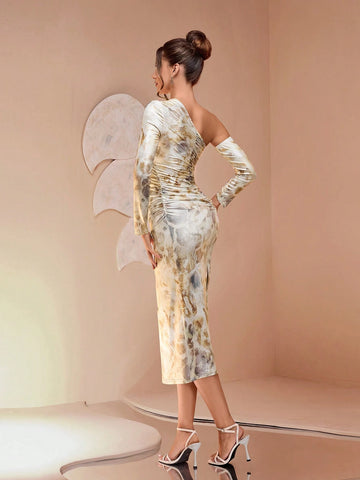 New Design Multi-Color Elegant One-Shoulder Sleeveless Featured Printing Cinched Waist Pleated Bodycon Slit Maxi Dress, Detachable Sleeves Sexy Charming Graceful For Daily, Party, Graduation, Mature Style