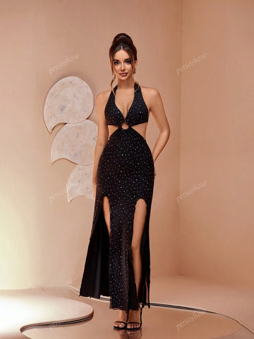 New Elegant Black Sequin Mermaid Mini Dress, Premium Luxury Niche Stretchy Mesh Halter Design With Waist Circle Hollow Out, Open Back Multiple Slit Formal Gown For Birthday Party, Banquet, Hosting Events