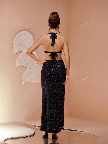 New Elegant Black Sequin Mermaid Mini Dress, Premium Luxury Niche Stretchy Mesh Halter Design With Waist Circle Hollow Out, Open Back Multiple Slit Formal Gown For Birthday Party, Banquet, Hosting Events