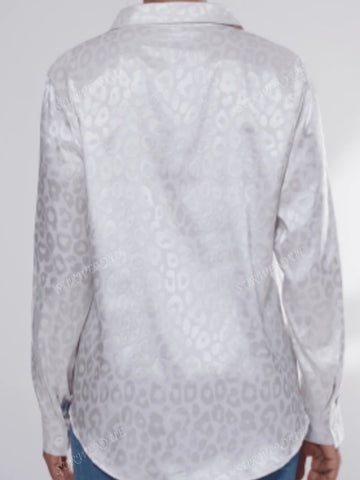 Leopard Print Jacquard Office Blouse Women, Long Sleeve Turndown Collar Button Shirt Top, Spring Autumn