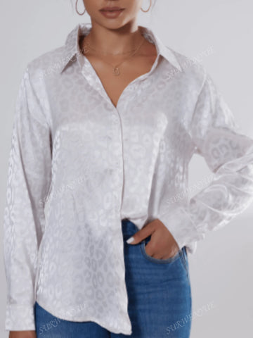 Leopard Print Jacquard Office Blouse Women, Long Sleeve Turndown Collar Button Shirt Top, Spring Autumn