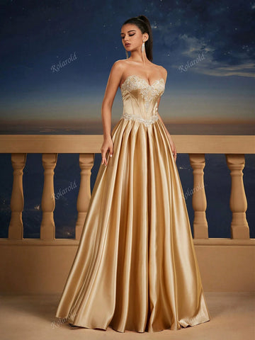 New Elegant & Graceful Strapless Cinched Waist Maxi A-Line Dress, Corset Bodice Design, Formal Evening Gown, Bridesmaid Dress