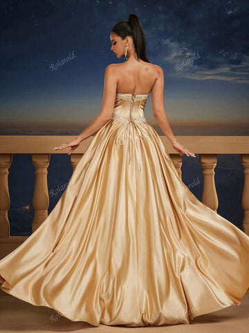 New Elegant & Graceful Strapless Cinched Waist Maxi A-Line Dress, Corset Bodice Design, Formal Evening Gown, Bridesmaid Dress