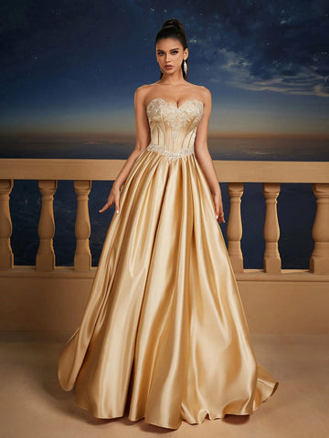 New Elegant & Graceful Strapless Cinched Waist Maxi A-Line Dress, Corset Bodice Design, Formal Evening Gown, Bridesmaid Dress