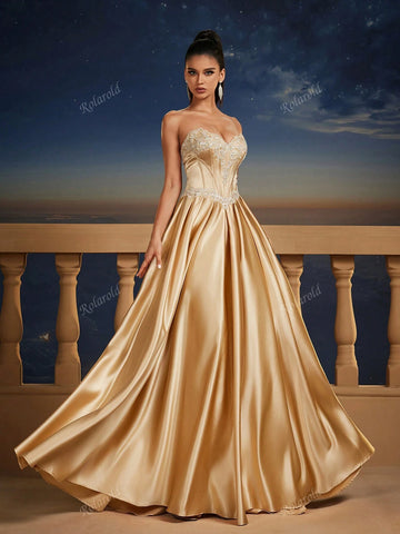 New Elegant & Graceful Strapless Cinched Waist Maxi A-Line Dress, Corset Bodice Design, Formal Evening Gown, Bridesmaid Dress