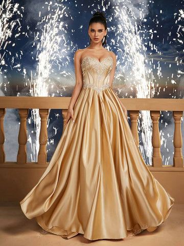 New Elegant & Graceful Strapless Cinched Waist Maxi A-Line Dress, Corset Bodice Design, Formal Evening Gown, Bridesmaid Dress