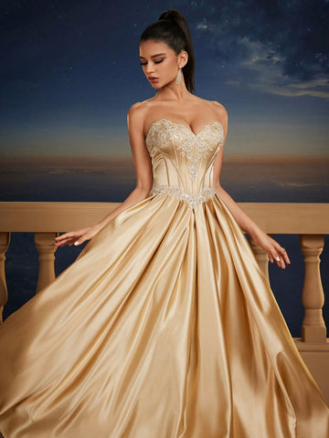 New Elegant & Graceful Strapless Cinched Waist Maxi A-Line Dress, Corset Bodice Design, Formal Evening Gown, Bridesmaid Dress