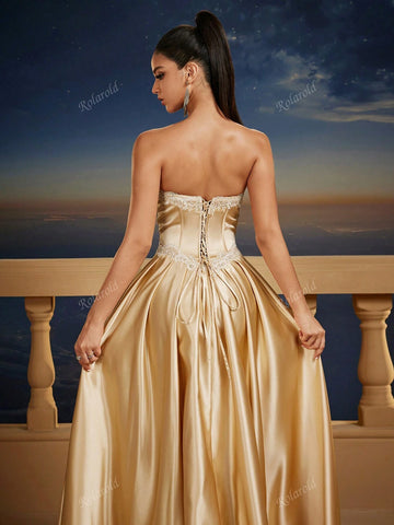 New Elegant & Graceful Strapless Cinched Waist Maxi A-Line Dress, Corset Bodice Design, Formal Evening Gown, Bridesmaid Dress