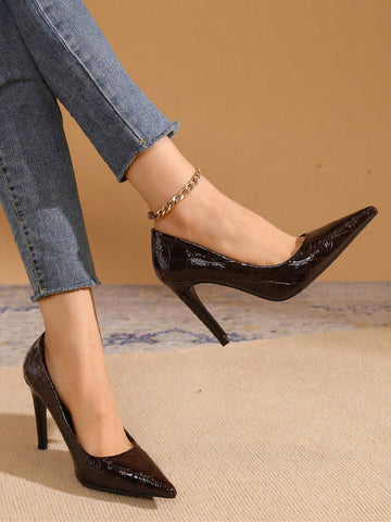 New Embossed Glossy Patent Leather Pointed Toe High Heel Pumps,