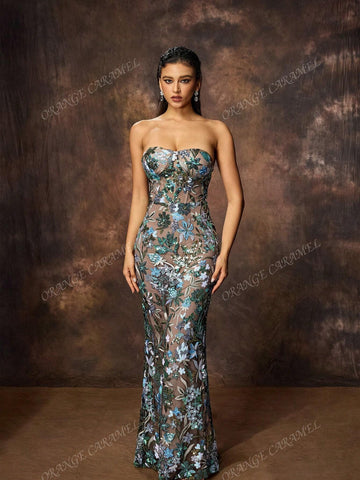New Embroidered Sequined Sleeveless Open Shoulder Dress For Women, Wedding Event Dress