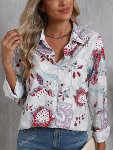 New European And American Printed Lapel Casual Loose Skin-Friendly Long Sleeve Women's Shirt