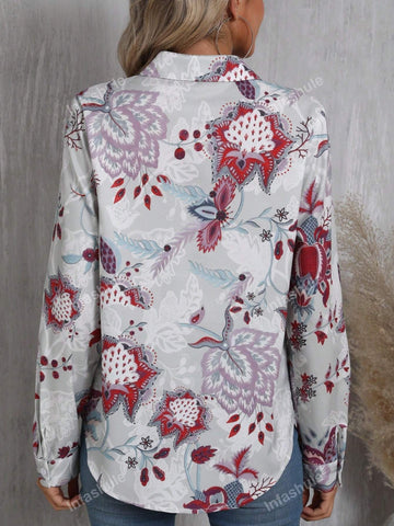 New European And American Printed Lapel Casual Loose Skin-Friendly Long Sleeve Women's Shirt
