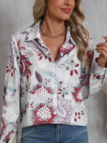 New European And American Printed Lapel Casual Loose Skin-Friendly Long Sleeve Women's Shirt