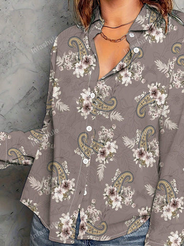 Printed Turn-Down Collar Casual Casual Skin-Friendly Long Sleeve Women's Shirt