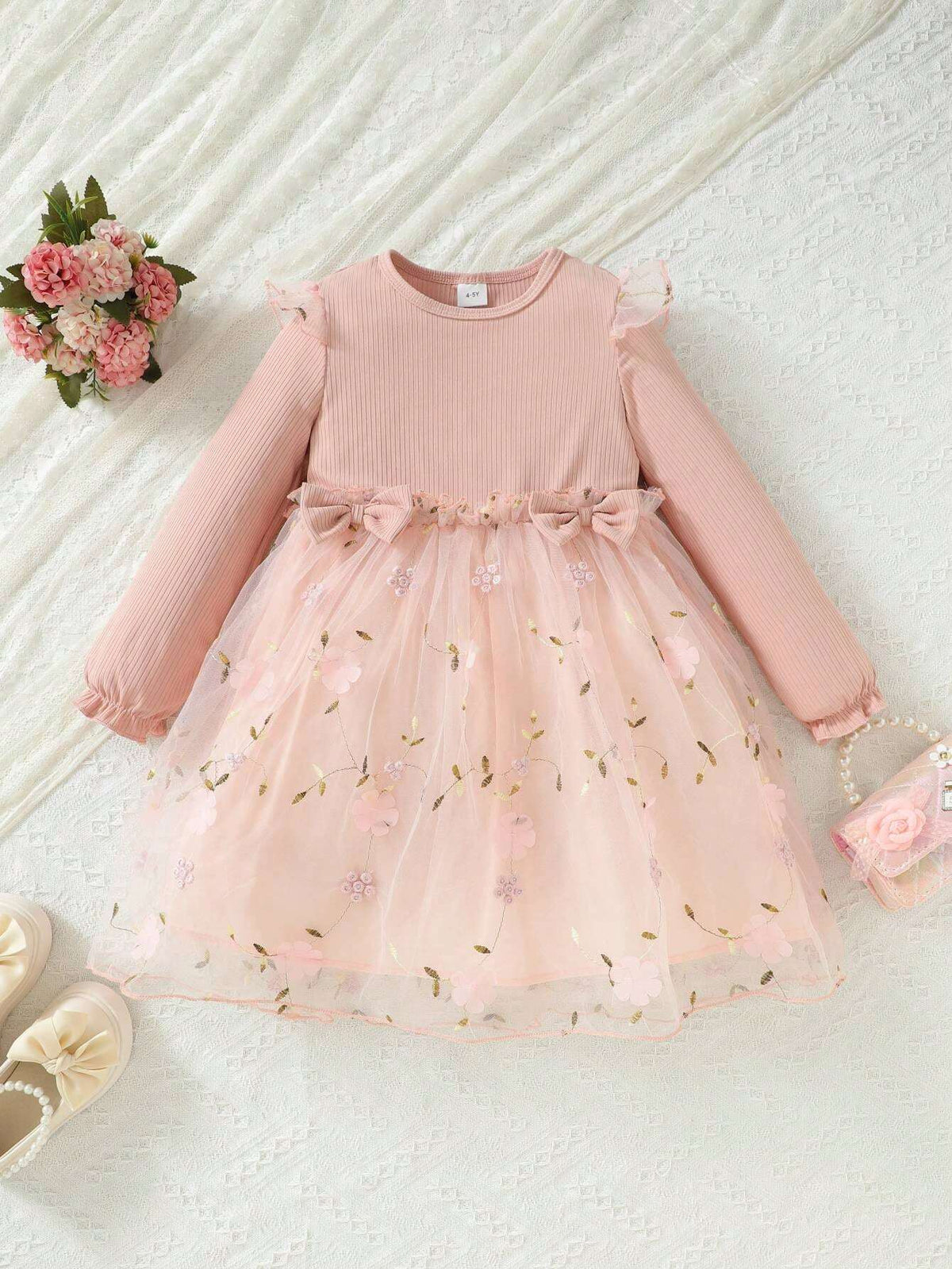 New European And American Style Mesh Girls' Long Sleeve Dress Children's Skirt