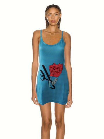 New European And American Summer Print Pocket Slim Strap Bodycon Dress