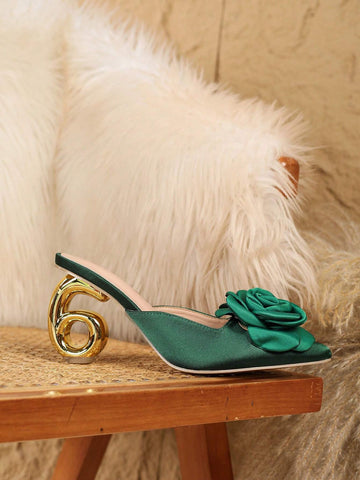 New Fashion Asymmetric Heel Green Rose Floral Slide Sandals,