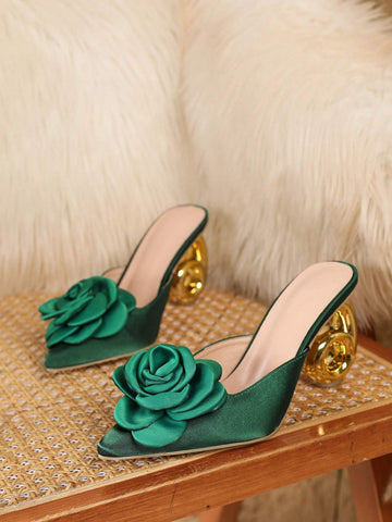 New Fashion Asymmetric Heel Green Rose Floral Slide Sandals,