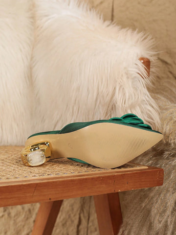 New Fashion Asymmetric Heel Green Rose Floral Slide Sandals,