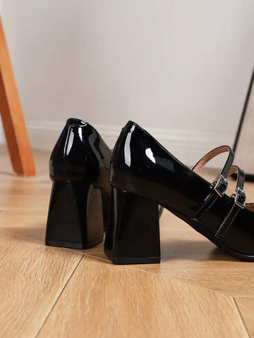 New Fashion Comfortable Buckle Square Toe Black Mary Jane Pumps,