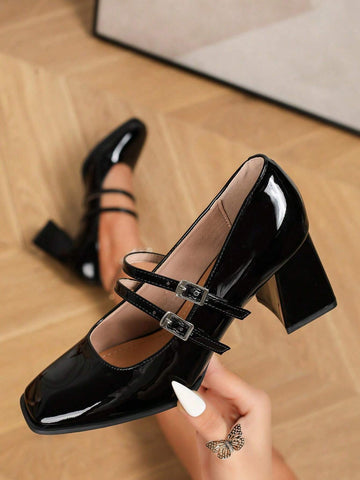 New Fashion Comfortable Buckle Square Toe Black Mary Jane Pumps,