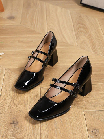 New Fashion Comfortable Buckle Square Toe Black Mary Jane Pumps,