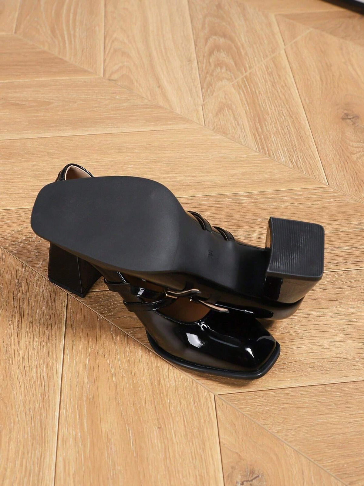 New Fashion Comfortable Buckle Square Toe Black Mary Jane Pumps,