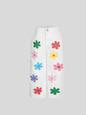 New Fashion Girls' (Toddler) Casual Printed Flower Pattern Straight-Leg Jeans, Water Washed