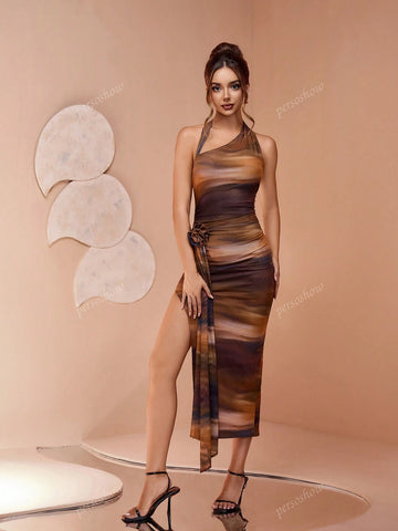 New Fashion Glamour Ruined Ombre Gradient Color Digital Print Mesh Halter Maxi Dress With Side Slit, Bodycon, Fish Tail, Suitable For Beach, Sunset, Outdoor Shooting, Multiple Occasions