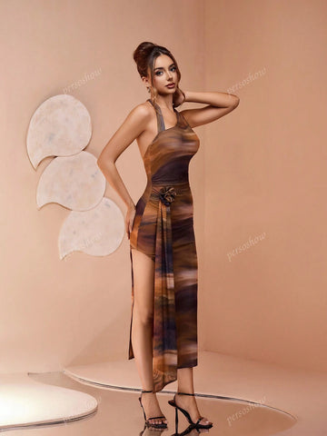 New Fashion Glamour Ruined Ombre Gradient Color Digital Print Mesh Halter Maxi Dress With Side Slit, Bodycon, Fish Tail, Suitable For Beach, Sunset, Outdoor Shooting, Multiple Occasions