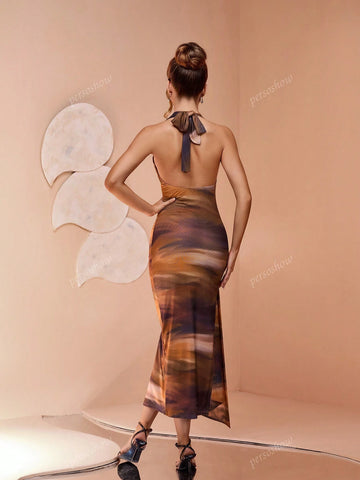 New Fashion Glamour Ruined Ombre Gradient Color Digital Print Mesh Halter Maxi Dress With Side Slit, Bodycon, Fish Tail, Suitable For Beach, Sunset, Outdoor Shooting, Multiple Occasions
