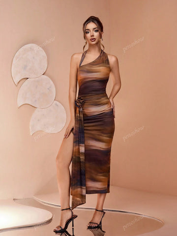 New Fashion Glamour Ruined Ombre Gradient Color Digital Print Mesh Halter Maxi Dress With Side Slit, Bodycon, Fish Tail, Suitable For Beach, Sunset, Outdoor Shooting, Multiple Occasions