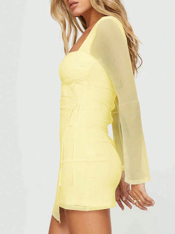 New Fashion High-End Women Dress Mesh Flare Sleeve Sexy Dress